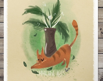 CLEARANCE LES CHATS Orange Tabby Cat ArtPrint| Gift Ideas for Him and Her| Cute Kittens and Plants Painting| Watercolor Nature Illustration