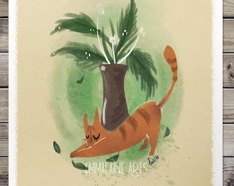 LIQUIDACIÓN LES CHATS Impresión artística de gato atigrado naranja / Ideas de regalo / Pintura botánica de gatitos y plantas adorables / Ilustración de naturaleza en acuarela