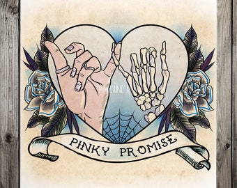 Impresión artística de tatuaje PINKY PROMISE / Ilustración en tinta gótica pastel neotradicional / Decoración de rosas negras de Sailor Jerry / Ideas de regalo para él o ella