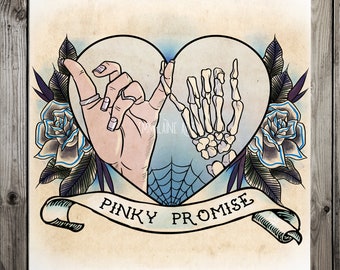 PINKY PROMISE Tattoo ArtPrint | Neotraditional Pastel Goth Ink Illustration | Black Sailor Jerry Roses Decor | Gift Ideas for Him or Her