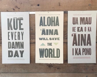 Kū'ē Posters, Letterpress Printed from Wood Type