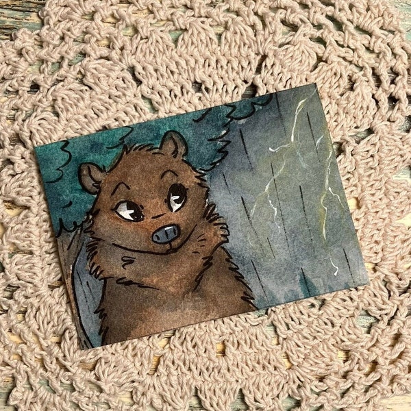 OOAK Art Card Bear in Rain Watercolor ACEO ATC