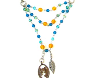 Glass Bead 3 Strand Necklace Sterling Silver Pendant - Blue, Yellow, Orange