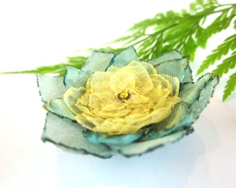 Beautiful 2" Green and Yellow Organza Silk Flower Hair Piece Bridesmaid, One-of-a-Kind
