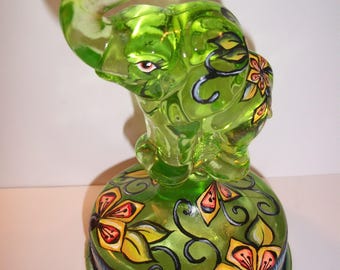 Fenton Glass OOAK Key Lime Green HP Elephant on Font by Sunday Davis One of a Kind