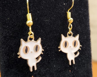 White Cat Earrings: Golden Eyes, Nickel-Free Charms