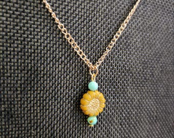 Dainty Sunflower Necklace: Teal Accent Beads, Nickel Free