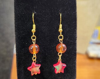Orange Bead Earrings with Red Stars: Nickel Free