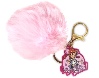 Britney Spears Brittany Miller Chipette Pink Pom Pom Gold Keychain with Hot Pink Acrylic Charm, FreeBritney Keychain - Brit Purse Charm