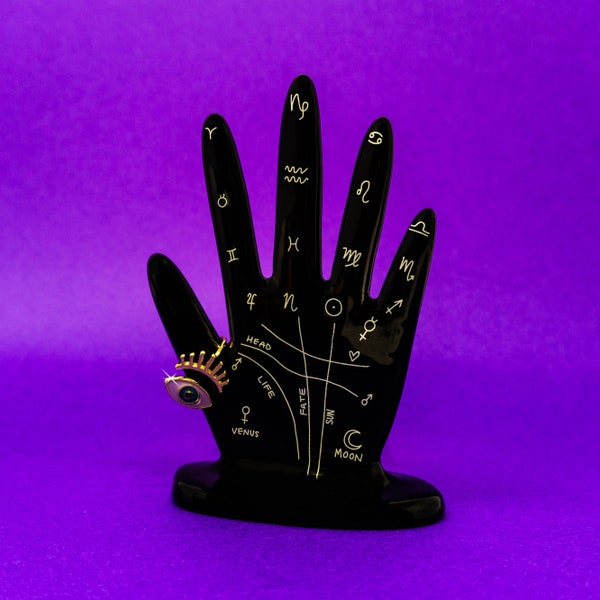 Madame Serena Black Palmistry Jewelry Ring Bracelet Ceramic Hand Shaped Holder Organizer - Palm Reading Gift Tarot Psychic Medium Decor