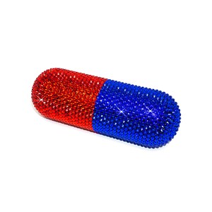 Large Rhinestone Red & Blue Two Tone Resin Chill Pill Art Sculpture - 3D Cute Kitsch Pharmacy Medicine Capsule Modern Home Decor Glam Decor