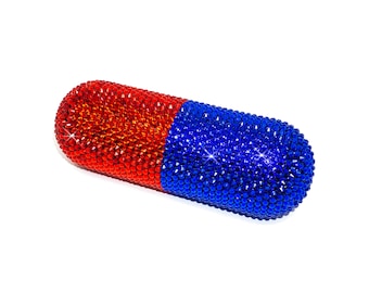 Large Rhinestone Red & Blue Two Tone Resin Chill Pill Art Sculpture - 3D Cute Kitsch Pharmacy Medicine Capsule Modern Home Decor Glam Decor