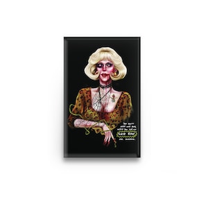 May include: A digital illustration of a woman with blonde hair wearing a leopard print top and a black choker with a spiderweb design. The text "You don't meet nice people when you live on Skid Row" is written in green marker on a yellow background.