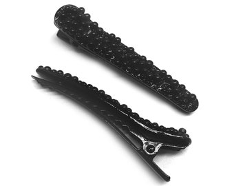 Gothic Mermaid Black Pearl Alligator Barrette Bead Hair Clips (2pc Set) | Shiny Black Finish | Elegant Wedding Pin Halloween Costume Cosplay