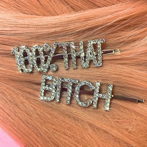 100% That Bitch Rhinestone Crystal Silver Metal Alloy Bobby Pins (2pc Set) | Word Hair Accessory Barrette Costume Cosplay