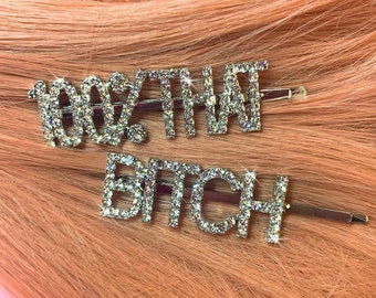 100% That Bitch Rhinestone Crystal Silver Metal Alloy Bobby Pins (2pc Set) | Word Hair Accessory Barrette Costume Cosplay