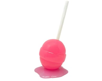 Mini Resin Hot Pink Melting Blow Pop Popsicle Lollipop Art Sculpture with Base - Candy Costume Accessory & Home Decor Glam Decor