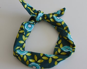 Rockabilly Head Scarf: Retro Green & Blue Floral Cotton Headband