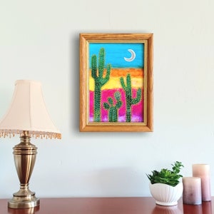 Southwestern abstract mixed media Sonoran desert landscape with cresent moon, saguaro prickly pear collage linework, ready to hang wall art