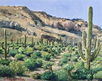 9x12 Sonoran desert painting, Saguaro cactus painting, desert landscape oil painting,mountain landscape art,Sonoran desert art,plein air art
