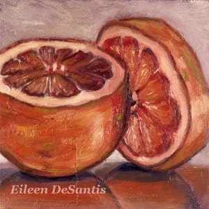 4 x 4 Original Grapefruit Still Life Oil Painting, Kitchen art, Fruit Painting, Red Painting,  Wall Decor, Impressionism art, citrus art