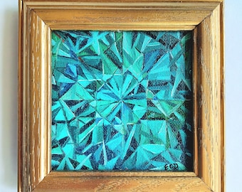 Faceted Gemstone emerald art, emerald oil painting, ready to hang, small framed original gemstone art, May gemstone art, tabletop framed art