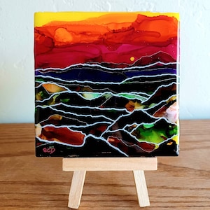 Abstract landscape ceramic art tile coaster, abstract art,  southwest tile, home decor, tabletop art, abstract landscape artwork