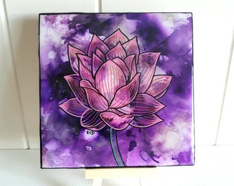 Płytka ceramiczna z motywem kwiatu lotosu, podstawka pod płytkę artystyczną 6" x 6", sztuka buddyjska, sztuka hinduistyczna, oryginalna ręcznie malowana podstawka artystyczna, płytka artystyczna z motywem kwiatu