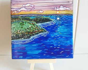 Seascape ceramic art tile, 6" x 6" art tile trivet, original handpainted trivet, sea art, ocean art,  tropical art,abstract sunset ocean art