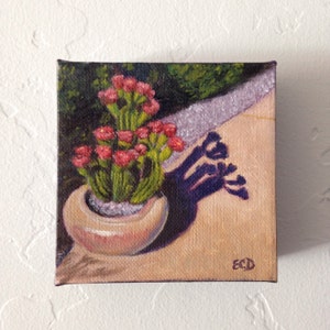 Peinture à l&#39;huile de cactus 4 x 4, art de cactus en fleurs, peinture de cactus en pot, art du sud-ouest, art de paysage du désert, peinture de cactus, peinture de fleurs