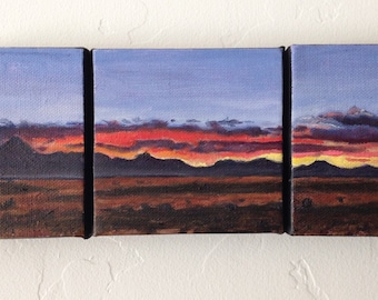 Original New Mexico Desert landscape sunset oil paintings, southwestern painting, Triptych painting, desert sunset art, panoramic painting