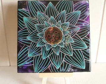 Płytka ceramiczna z motywem kwiatu lotosu, podstawka pod płytkę artystyczną 6" x 6", sztuka buddyjska, sztuka hinduistyczna, oryginalna ręcznie malowana podstawka artystyczna, płytka artystyczna z motywem kwiatu