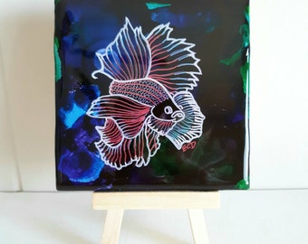 Betafish resin ceramic art tile,4.25" x 4.25" art tile,original handpainted coaster, fish art, accent tile,bathroom tile, ocean art