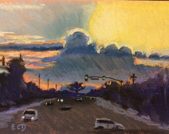 9x12 Original Soft Pastel Southwestern Tucson Sunset drawing, nocturne drawing, wall art, Arizona sunset art,urban scene art, sunset drawing