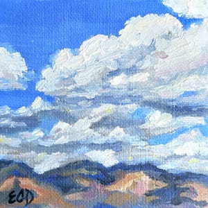 4x4 Landscape oil painting, cloudy sky painting, southwest art, wall art, nature art, impressionism art, plein air painting,small painting.