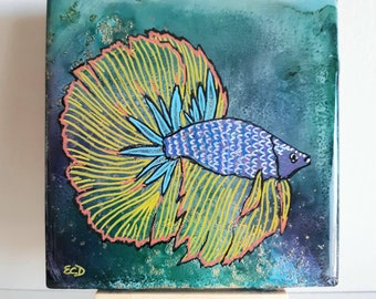 Betafish resin ceramic art tile,4.25" x 4.25" art tile,original handpainted coaster, fish art, accent tile,bathroom tile, ocean art