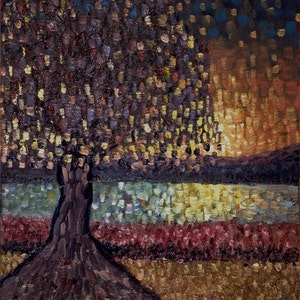 May include: A painting of a tree with a dark brown trunk and branches, with a lake in the background. The sky is a dark blue with yellow and orange clouds. The painting is done in a pointillist style, with small dots of paint.