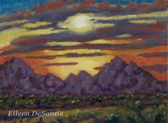 Original Miniature Sunset Landscape Painting Art 