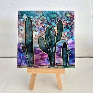 Abstract saguaro ceramic art tile, 4.25&quot; x 4.25&quot; art tile coaster, desert art, southwest art, original handpainted coaster, saguaro art tile