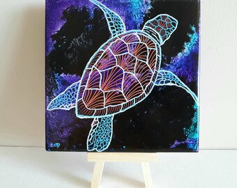 Sea turtle ceramic art tile, 6" x 6" art tile trivet, original handpainted trivet, marine art, ocean art,sealife art,abstract turtle artwork