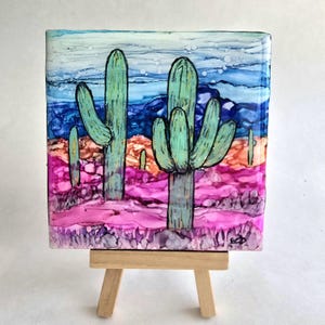 Sonoran desert landscape painting on ceramic art tile, 4.25" x 4.25" art tile, southwest art, resin coaster,southwestern abstract desert art