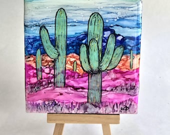 ソノラ砂漠の風景画を描いたセラミックタイル、4.25インチ×4.25インチのアートタイル、南西部のアート、樹脂製コースター、南西部の抽象的な砂漠のアート