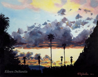 Sunset oil painting, desert sunset art, palm trees silhouette, clouds painting,southwestern painting,wall & home decor,impressionism, Tucson