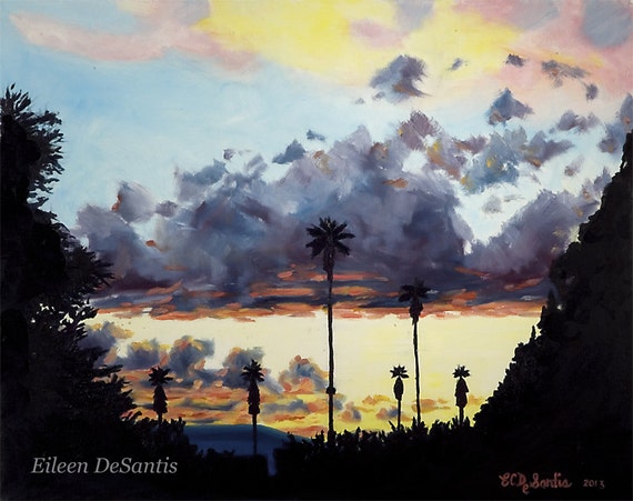 Sunset oil painting, desert sunset art, palm trees silhouette, clouds painting,southwestern painting,wall & home decor,impressionism, Tucson