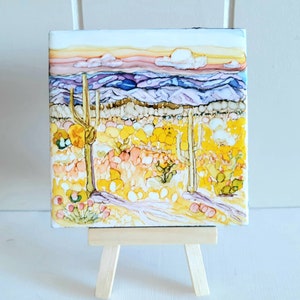 Desert landscape ceramic art tile, 4.25&quot; x 4.25&quot; art tile coaster, desert art, southwest art, original handpainted coaster, saguaro art tile