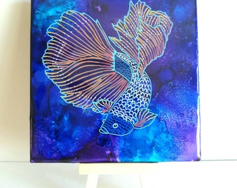 6" x 6" Blue Betafish ceramic artwork, Ocean art Trivet, epoxy resin original handpainted linework art, accent tile, sea art, bathroom tile