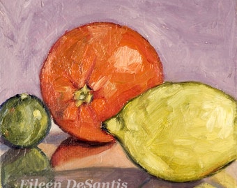 Pintura al óleo original de naturaleza muerta de lima, naranja y limón de 4 x 4, pintura de cítricos, pintura de frutas, arte de cocina, decoración del hogar, arte impresionista