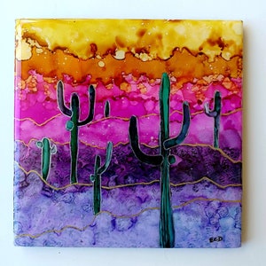 Sonoran desert landscape painting on ceramic art tile, 6&quot; x 6&quot; art tile, southwest art, desert trivet,southwestern abstract desert art tile