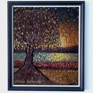 May include: A painting of a tree with a brown trunk and a dark purple and gold crown. The tree is in front of a body of water with a golden sunset in the background. The painting is signed "Eileen DeSantis" in the bottom right corner.