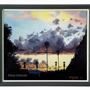May include: A painting of a sunset with palm trees silhouetted against a cloudy sky. The sky is a mix of pink, orange, and yellow, with dark gray clouds. The palm trees are black against the bright sky. The painting is signed "Eileen DeSantis" in the lower left corner and "ED DeSantis 2015" in the lower right corner.